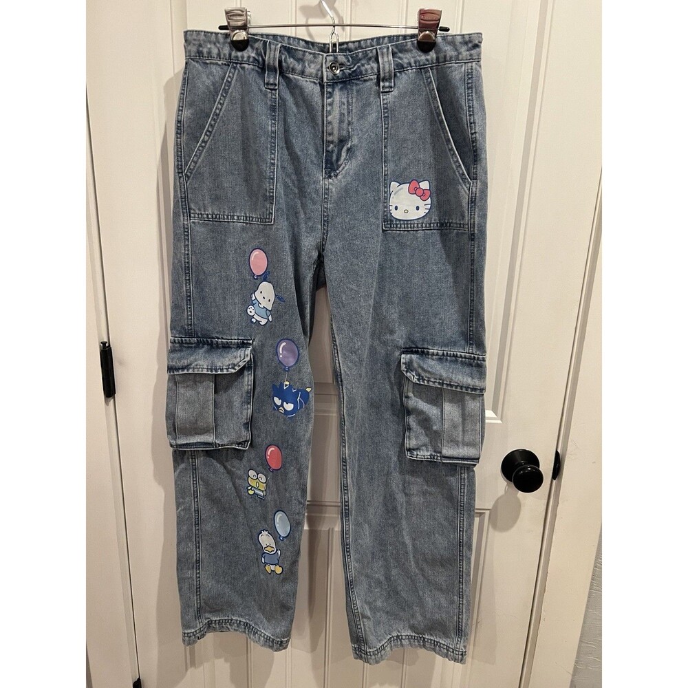 Hello Kitty x Sanrio Cargo Jeans Y2K Wide Leg Denim Pants Kawaii Harajuku -11